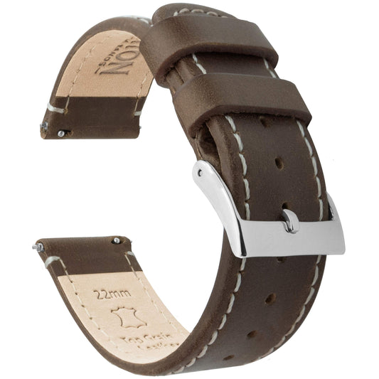BARTON WATCH BANDS Quick Release Top Grain Leather Watch Band Strap, Saddle Leather/Linen White Stitching, 22mm