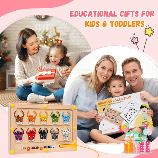 2 IN 1 Magnetic Color and Number Maze, Montessori Toys with Drawing Board for 3 4 5 Year Old, Wooden Magnet Balls Puzzles, Learning Educational Toys for Kids Toddlers Boys Girls Christmas Birthday