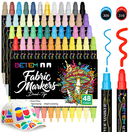 Betem 48 Colors Dual Tip Acrylic Paint Markers, Fabric Decorating Kits Premium Water-Based Acrylic Paint Pens Art Supplies for Fabric, Rock, Wood, Glass, Canvas, Ceramic, Teacher Appreciation Gift