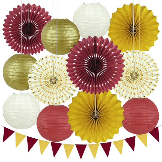 13 Pcs Maroon and Gold Party Decorations Set, Burgundy Gold Cream Hanging Paper Lanterns, Fans & Banner for Graduation Decorations 2026, Wine Party, Adult Birthday, Class Reunion
