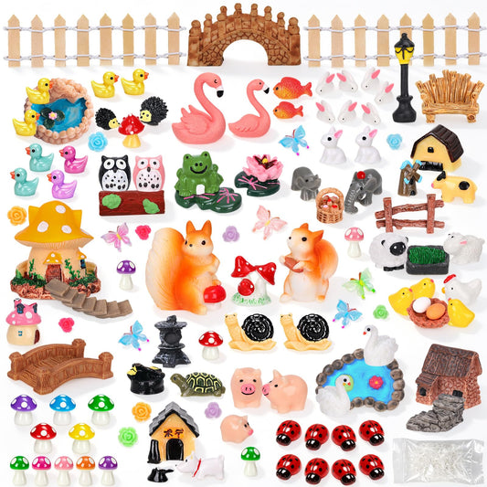 QAUYETM 160 Pcs Fairy Garden Accessories Miniature Resin Animals Tiny Fairy House Figurines Fairy Garden Ornament Kit for DIY Crafts Micro Landscape Dollhouse Mini Scene Garden Outdoor Decor