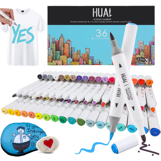 HUAL 36 Colors Dual Tip Acrylic Paint Pens, 2–5mm Fine & Brush Tip, Triangular Airtight Barrel, 3.5g High-Pigment Permanent Ink, Multi-Surface Professional Markers for Artists & DIY Crafts