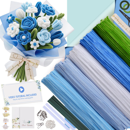 EARLY MINDS 500 Pcs Pipe Cleaners Craft Kit for Flower Making, DIY Bouquet Set with 8mm Chenille Stems, Step-by-Step Tutorial, Floral Wire, Ribbon & Tools for Handmade Gifts and Decor, Blue