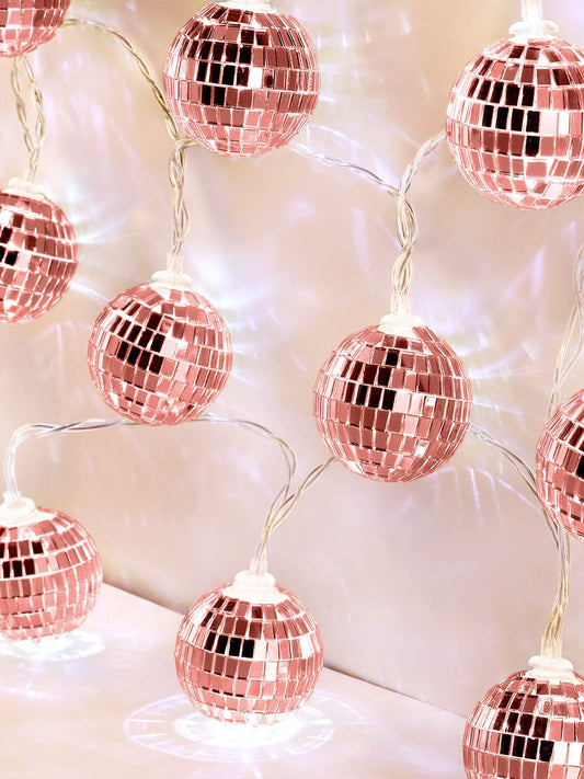 BBTO LED Disco Ball String Light Battery Powered Mirror Balls Ornaments for Outside Backyard Porch 70s 80s Disco Party Supplies(1.57 Inch,Rose Gold)