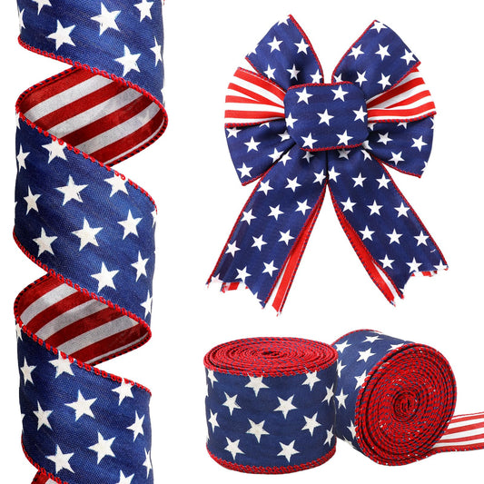 JarThenaAMCS 2 Rolls Patriotic Wired Edge Ribbon Double Sided 4th of July Red White Blue Star Stripe Fabric Ribbon for Independence Memorial Day Gift Wreath Bow Craft Wrapping Party Decor, 20 Yard