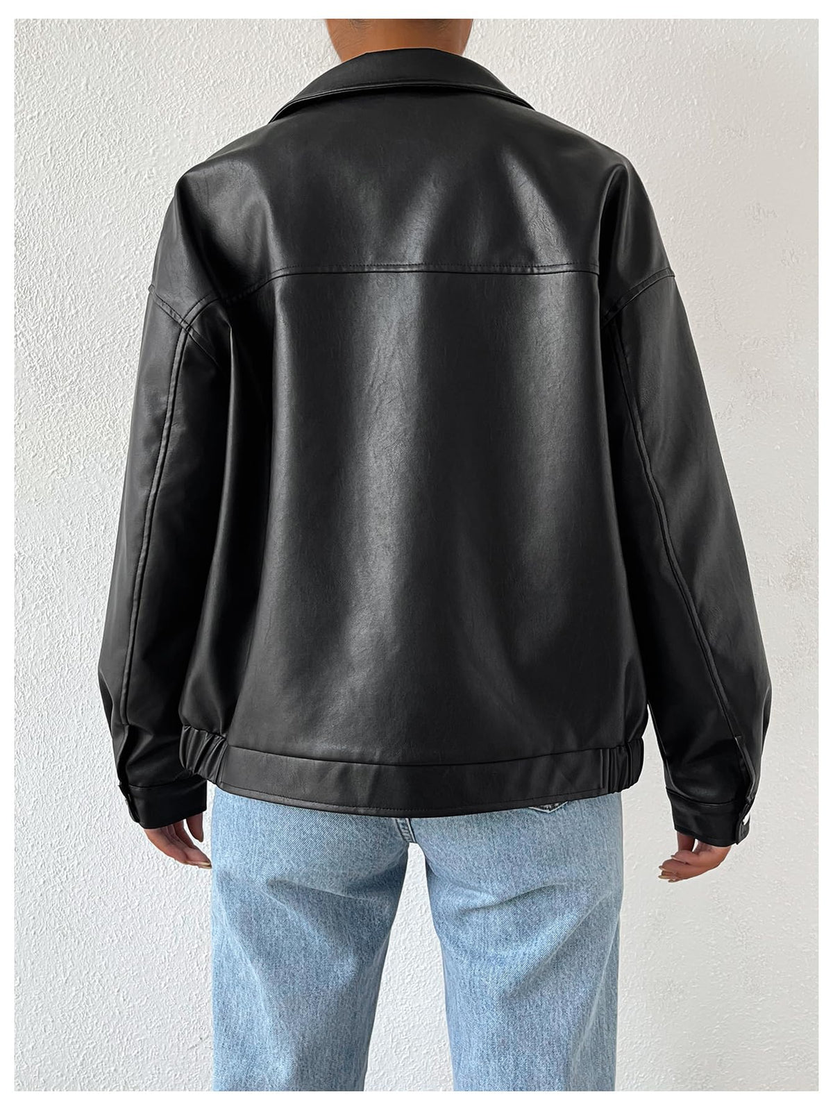 MakeMeChic Women's Faux Leather Shacket Long Sleeve Zip Up Motorcycle Jacket Biker Coat Black S