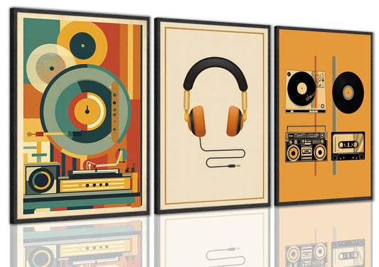 3Pcs Vintage Music Canvas Wall Art MidCentury Modern Vinyl Turntable Painting Picture Wall Decor Geometric Music Bar Rock Music Lovers Poster Print Artwork For Recording Studio Club Home Decoration