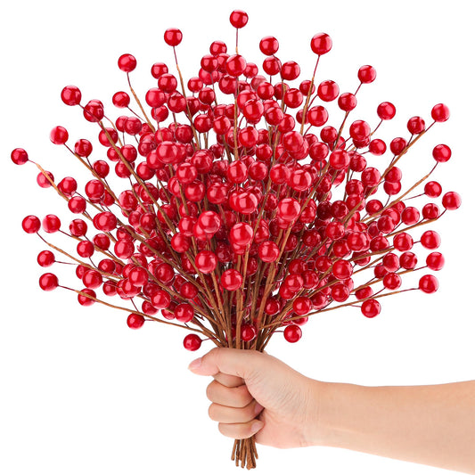 Quancru 10 Pcs Artificial Red Berries Stems 13.5" Christmas Holly Berry Branches Fake Pomegranate for Home Holiday Wedding New Year Wreath DIY Crafts Vase Floral Picks Decorations