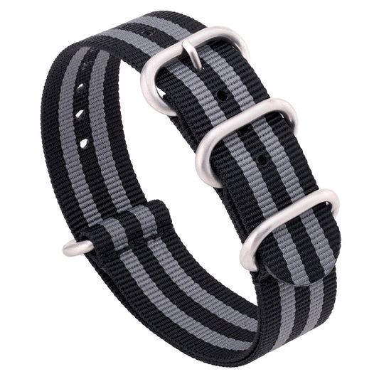 Benchmark 18mm Black & Grey Striped Nylon Watch Band - One Piece Waterproof Ballistic Nylon - Slip Through Military Style Zulu Watch Strap for Men & Women