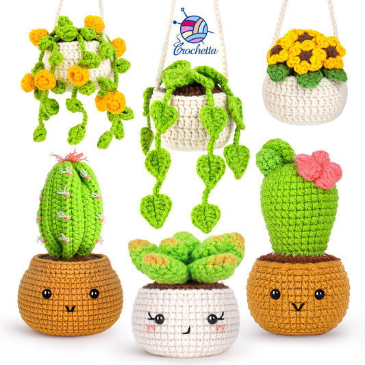 Crochetta Crochet Kit for Beginners, Crochet Starter Kits for Adults, Amigurumi Craft Knitting Crocheting Kits with Step-by-Step Video Tutorials, 6 Pc Hanging Potted Plants Family(40%+ Yarn