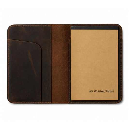 TheAntiq Leather A5 Journal Cover Top Bound – Handmade Vintage Leather Notebook Cover with Pen Holder & Card Slots – Refillable Travel Diary Organizer for Men & Women 5.7 x 8.25 (Brown)