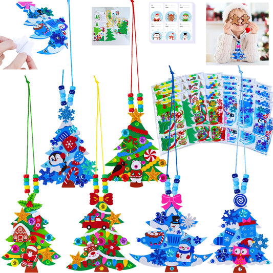 Winlyn 24 Sets Winter Decorations DIY Christmas Tree Ornaments 3D Pine Tree Necklaces Holiday Craft Kits Blank Foam Tree with Festive Foam Stickers for Kids Home Classroom Activities Party Favors