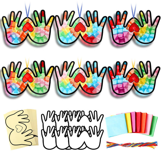 Yaomiao 30 Set Mother's Day Suncatcher Crafts, DIY Heart Handprint Stained Glass Style Gift Kit for Mother's Day Party Supplies, Family Activity, Suitable for Home, Window, Door Decorations