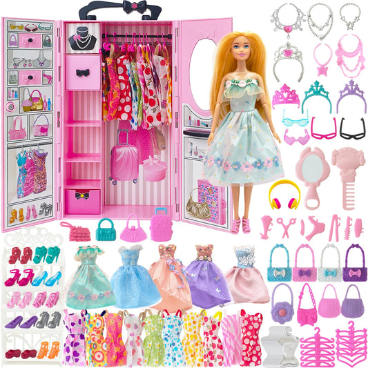 122 Pcs Doll Closet Playset with 11.5 Inch Dolls, Clothes and Accessories, Include Wardrobe Princess Dresses Shoes Bags Hangers Other Accessories, Dress Up Toys for Girls, Kids, Toddlers (Pink)