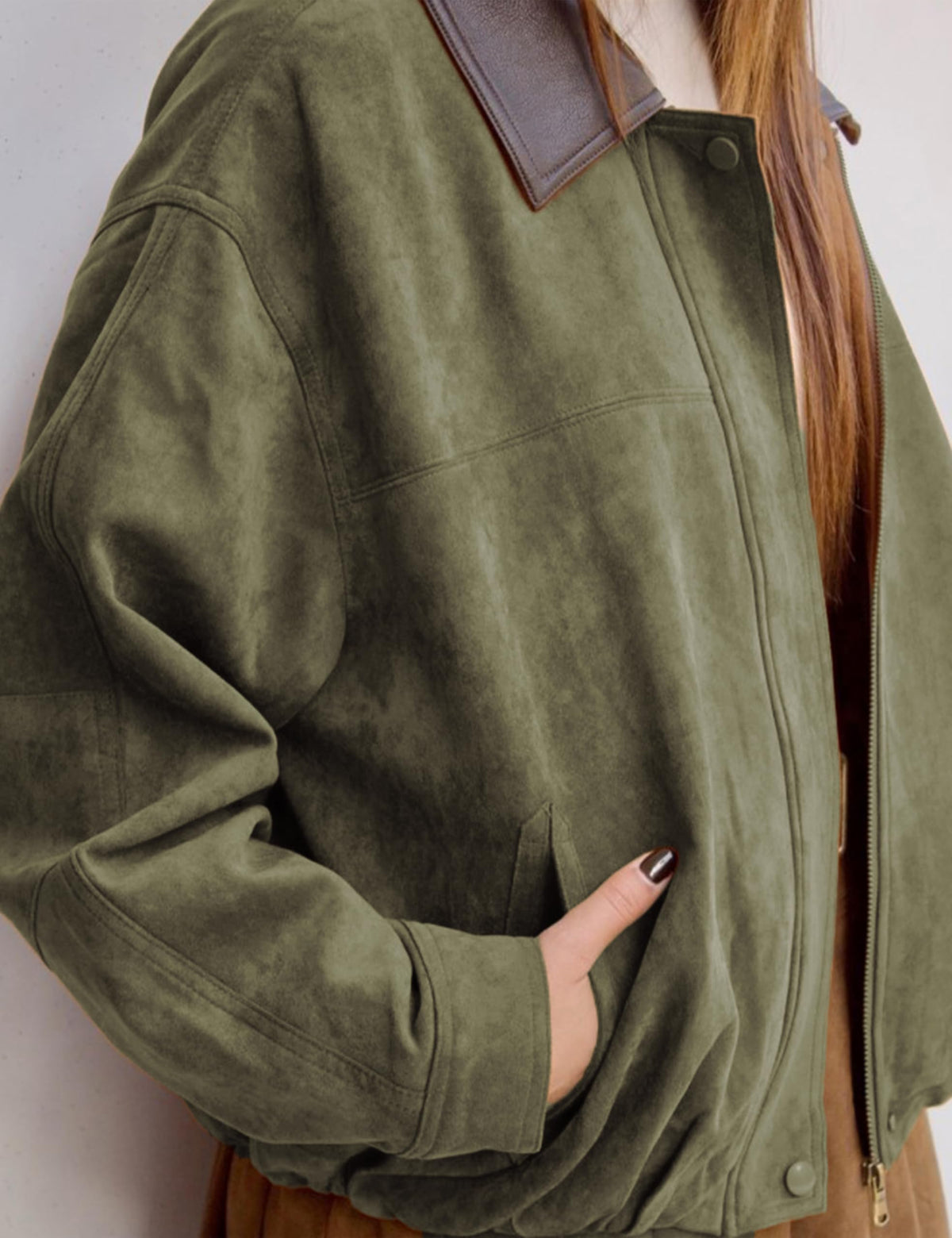 Yegthou Womens Faux Suede Bomber Jacket Casual Lapel Pilot Cropped Jackets Oversized Motorcycle Zip Up Outerwear Coats(ArmyGreen-XS)