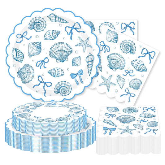 200Pcs Blue Bow Seashell Party Supplies Scalloped Ocean Coastal Party Plates and Napkins Disposable Starfish Seashell Tableware Set for Summer Beach Bridal Shower Birthday Decorations Serves 50