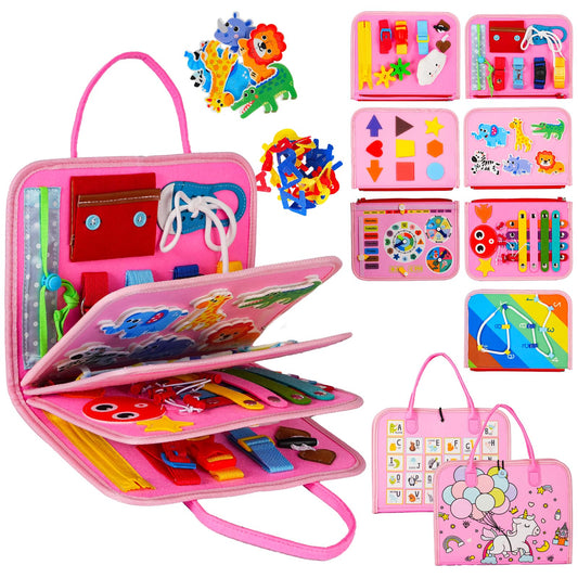 GiggleCraft Montessori Busy Board for Toddlers – Sensory Busy Book with Buckles, Zippers, Letters, Animals, Toddler Activities – Fine Motor Skills Development Learning for Boys Girls Travel Activity