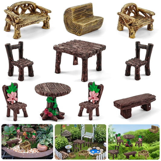 Morofme 10 Pcs Mini Garden Furniture Ornaments Miniature Table and Chairs Resin Bench Chair Kit Garden Furniture Accessories for Cake Topper Micro Landscape DIY Craft Succulent Flower Pot Decorations