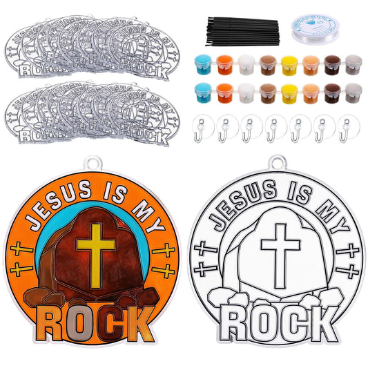 Poen 28 Sets Religious Jesus is My Rock Suncatchers Kits Color Your Own Christian Cross Ornaments Crafts Window Paint Art DIY Decor for Sunday School VBS Classroom Activities Holiday Party