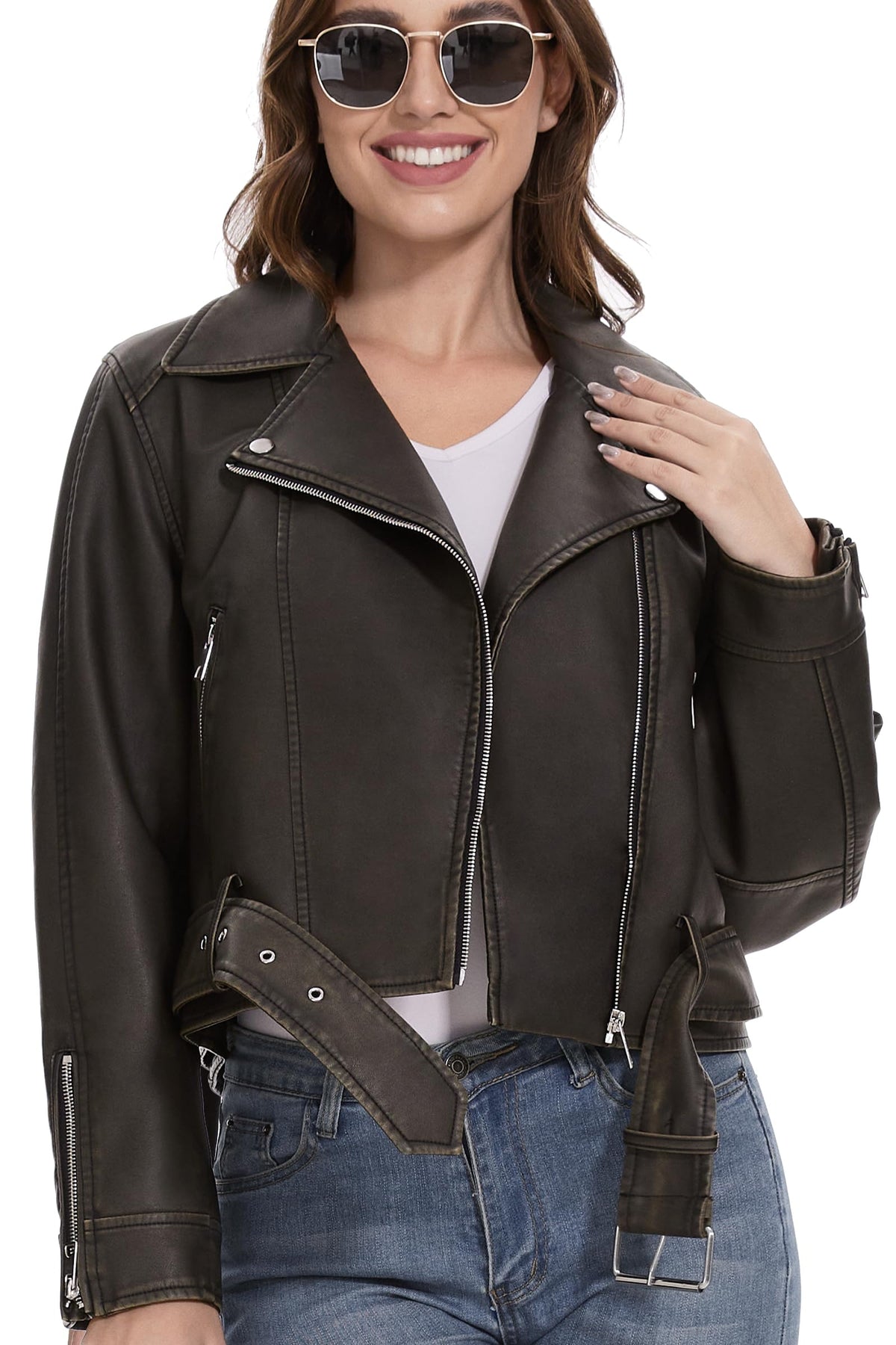 Fahsyee Women's Faux Leather Jacket, Moto Belted Biker Coat, Black XXL