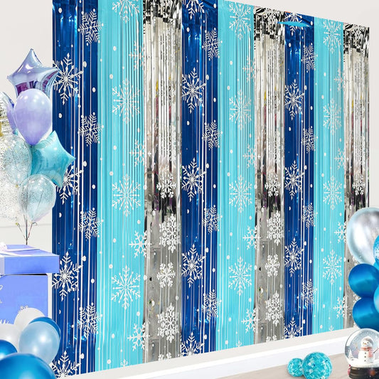 3 Pack Winter Themed Party Foil Fringe Curtain Backdrop 3.28x6.56ft,Snowflake Birthday Party Winter Photo Booth Prop Backdrop for Princess Birthday Party Christmas Winters Wonderland Decorations