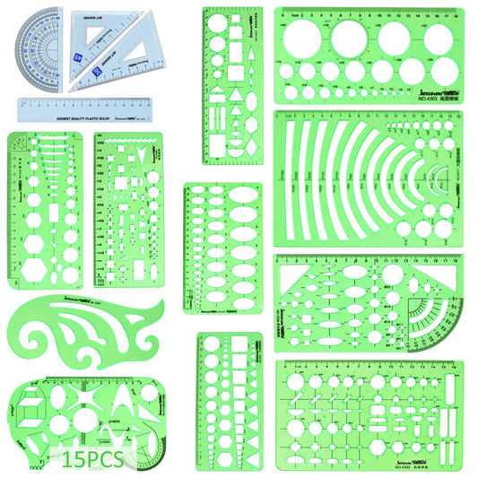 15PCS Geometric Drawings Templates, Measuring Geometry Rulers, Drafting Stencils Measuring Tools
