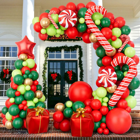 144 Piece Christmas Balloon Garland Arch kit with Xmas Red Gold Fresh Green and Dark Green Balloon Candy Balloons Gift Box Balloons Red Star Balloons for Christmas Party Decorations