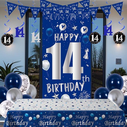 14th Birthday Decorations for Boys Girls, Blue Silver Happy 14th Birthday Party Decorations Supplies - Happy 14 Birthday Backdrop Banner Tablecloth Triangle Flag Balloons for 14 Year Old Bday Party