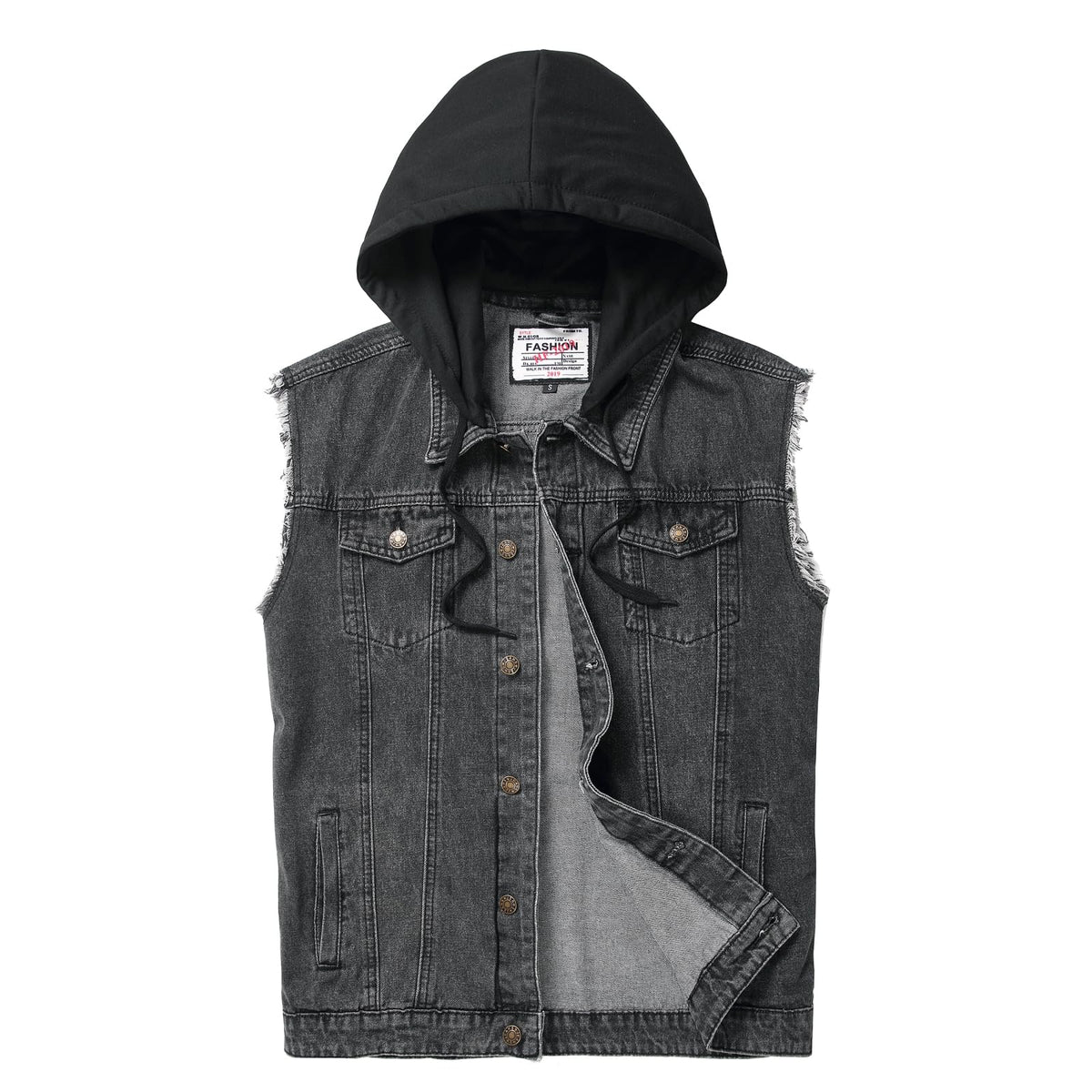 Ginsiom Men's Denim Vest,Sleeveless Jean Hooded Jacket Ripped Stretchy Sleeve Less Fashion Battle Vest for Men with Hood(9385Grey,M)