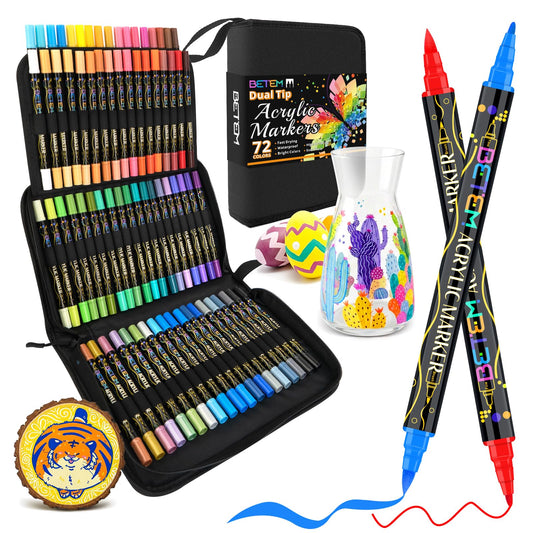 Betem Dual Tip Acrylic Paint Pens, 72 Colors Paint Markers for Glass, Window, Fabric, Wood, Rock, Canvas, Acrylic Markers with Fine & Brush Tip, Art & Craft Supplies, Teacher Appreciation Gift