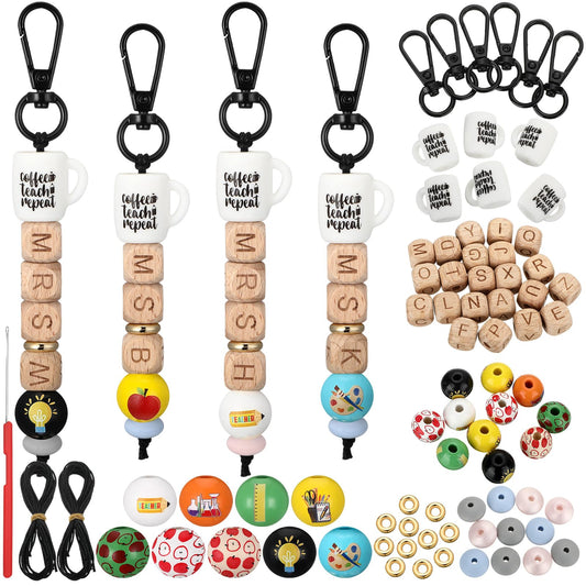 Ferreve 177 Pcs / 10 Sets Initial A to Z Teacher DIY Personalized Keychain Gift Beadable Key Chain Making Kit DIY Beaded Keychain Bar Personalized Crafts End of The Year Gift for Teachers
