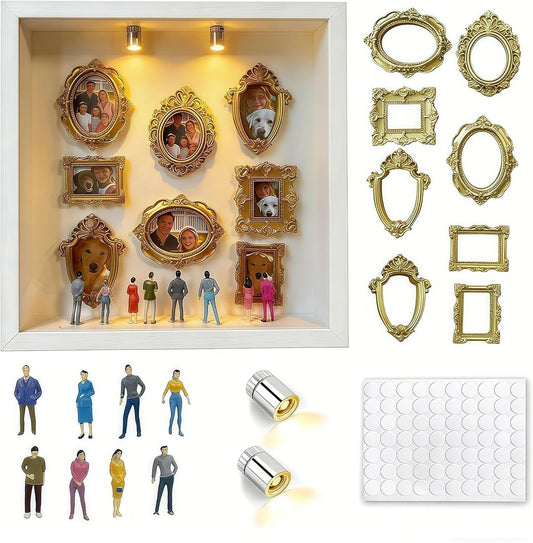 DIY Mini Gold Frames Silhouette Box, Upgrade Shadow Box , 10x10 Inch, with 8 Vintage Gold Mini Frames and 8 Handcrafted Figurines, for Anniversary, Wedding, Birthday and Home Decor (White)