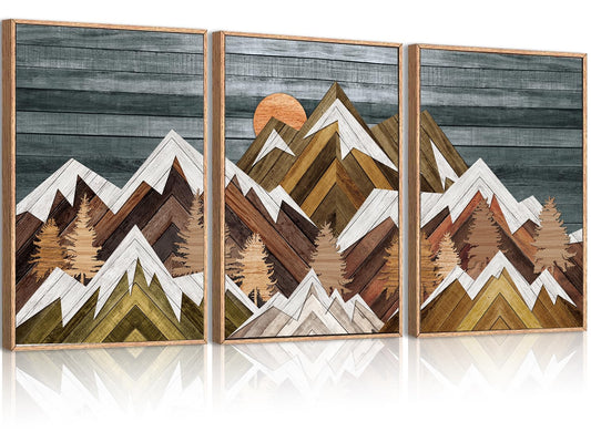 BINCUE Extra Large Mountain Wall Art Farmhouse Mountain Wall Decor Large Landscape Artwork 24x36 Inches Set of 3 Framed Rustic Painting Boho Mountains Artwork for Living Room Bedroom Office