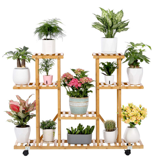 Bamboo Plant Stand Rack with Wheels 4 Tier Indoor&Outdoor Rolling Plant Flower Pots Holder Shelf Planter Display Shelving Unit for Patio Garden, Living Room, Corner Balcony and Bedroom (13 Flowerpots)
