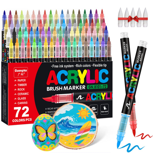 Guangna Acrylic Paint Markers Brush Tip, 72 Vivid Colors with Direct-Liquid Ink Control System, Professional-Grade Paint Pen for Rock Painting, Canvas, Glass, Plastic, Fabric & Creative Crafts