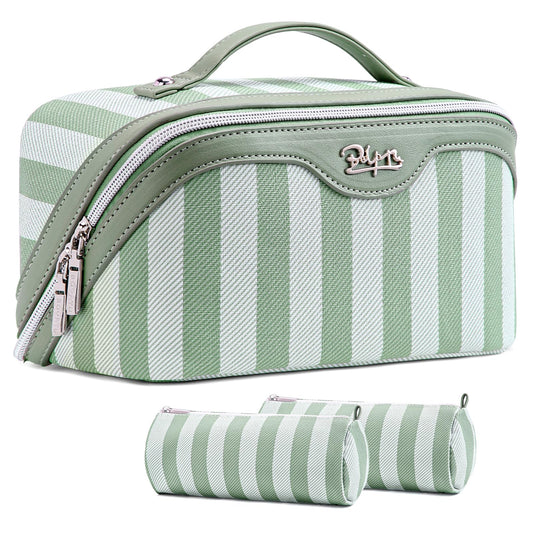 BOYATU Travel Makeup Bag Cosmetic Bag for Women: 3 Pcs Set Striped Make up Bag with Compartments - Waterproof Vegan Leather Toiletry Bag with Handle - Makeup Organizer for Travel Essentials(A-2-Green)