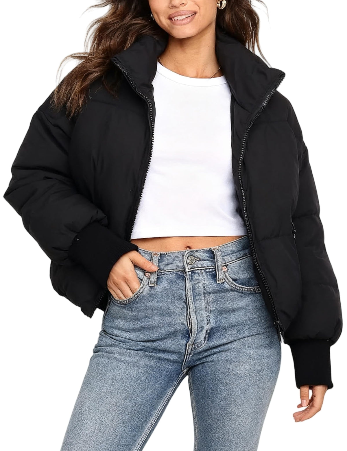 UANEO Puffer Jacket Womens Oversized Cropped Puffy Quilted Winter Jackets Coat (Black-S)