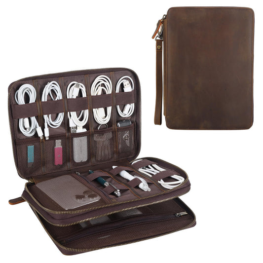 TIDING Leather Cable Electronics Organizer Case, Double Layer Travel Electronic Storage Bag for Charger, Cables, Phone, SD Card
