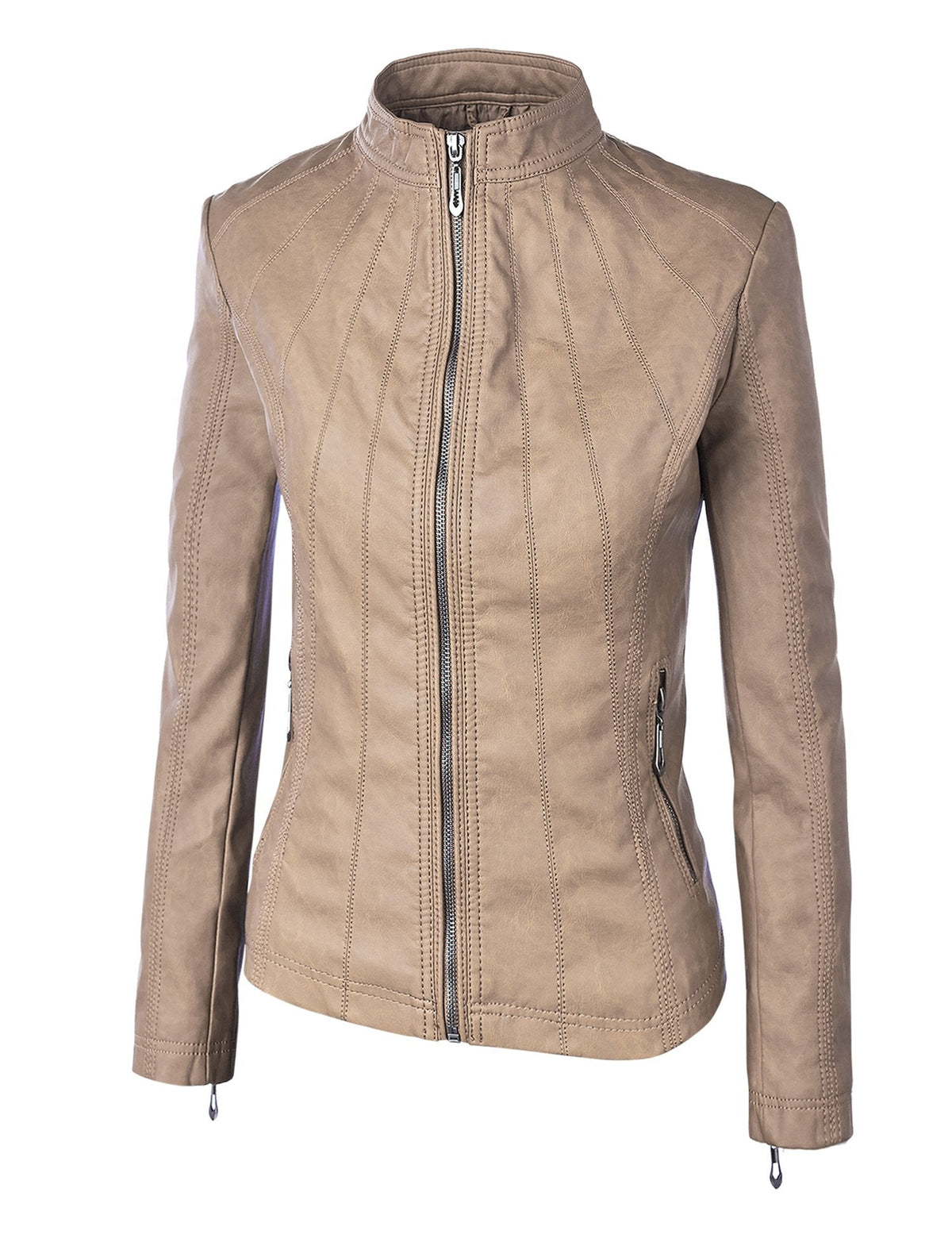 Made By Johnny MBJ WJC877 Womens Panelled Faux Leather Moto Jacket XL Khaki