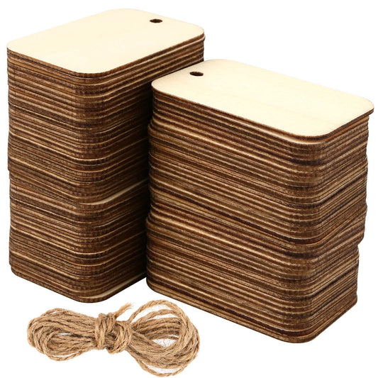 JAPCHET 200 PCS Wood Gift Tags Blank, 2.24 x 1.26 Inch Unfinished Wood Tags with Hole and 65 FT Hemp Rope, Blank Wood Tags for Hanging, DIY Craft and Home Decoration