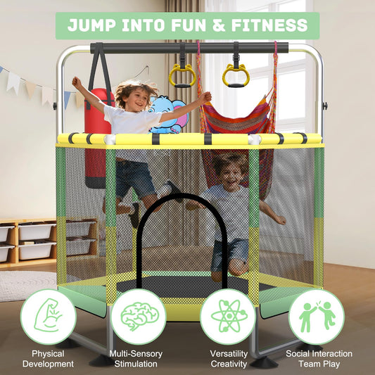 60" Trampoline for Kids, Upgrade Full Anti-Rust 440lbs Indoor Outdoor Toddler Trampoline with Net, Adjustable Trampolines with Anti-Rollover Bottom, Birthday Gifts for Boys & Girls