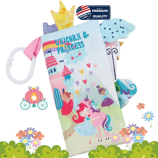 bebe mondo Unicorn Baby Books 0-6 Months Toys 6 to 12 Months, Touch Feel Cloth Crinkle Books for Babies,Infants, Soft Sensory Stroller Toys, Easter Baby Gifts Shower Items, Chweing Book (Princess)