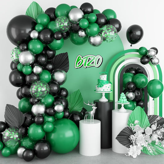 Black Green Balloon Garland,BTZO Balloons Arch Kit With Metallic Silver Confetti Balloon,Black and Green Balloons for Birthday Wedding Bridal Shower Graduations Party Decorations