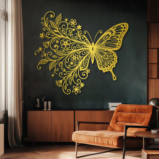 Floral Butterfly Metal Wall Art, Metal Flowers Butterfly Wall Decor, Butterflies Wall Decor, Metal Flower Butterflies Wall Art for Living Room, Bedroom, Garden(Gold,19"W x 17"H / 47 x 42 cm)