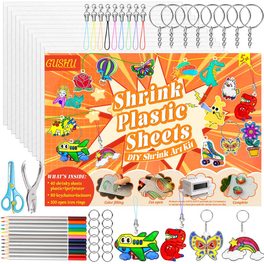 Gushu 235 Pcs Shrinky Plastic Sheets Keychain Kit, 40 Pcs Shrink Paper Sheets, Hole Punch, Pencils, Keychains, Accessories for DIY Crafts, Creative Handprint Art for Teens & Adults