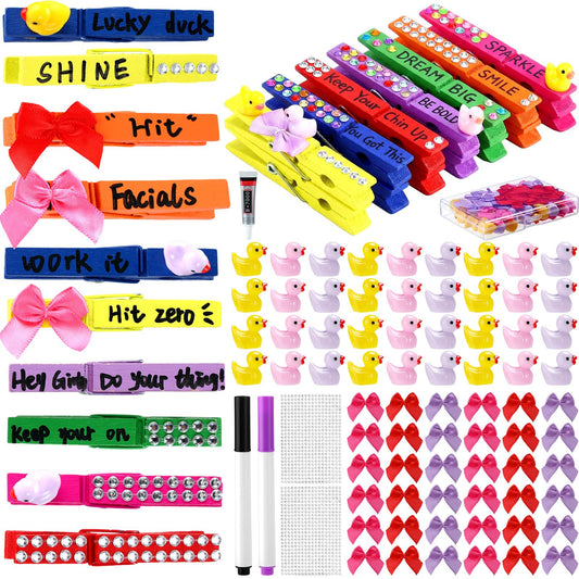 Dingion 60 Set Cheer Pins Spirit Clips Include 60 Wooden Clothes Pin Resin Ducks Bows Self Adhesive Glitter Sticker Pen Glue Ribbon for DIY Cheer Accessory Schoolbag Decor Team Craft Gift(Colorful)