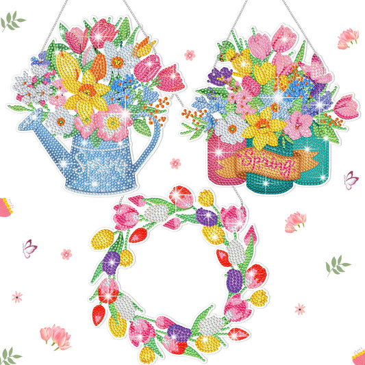 Menkxi 3 Pcs Spring Diamond Art Kits for Adults Spring Flowers Diamond Painting Kits 5d DIY Wreath Tulip Spray Bottle Crystal Painting Hanging Sign for Beginners Craft Supplies Door Wall Window Decor