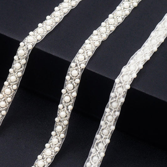 Bijou Joon 5 Yards White Pearl Trim Beaded Trim Beaded Lace Ribbon Edge Border Fabric Bridal DIY for Craft Wedding Dress Embellishments Women Vake Decoration