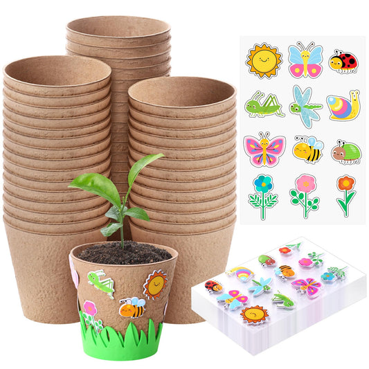 Sunnychicc 72 Pcs 4 Inch Garden Paper Pot Craft Kit Spring Crafts Bulk Including Round Paper Mache Pots Adhesive Foam Sticker EVA Grass Sticker Mother's Day DIY Planting Growing Garden Kit
