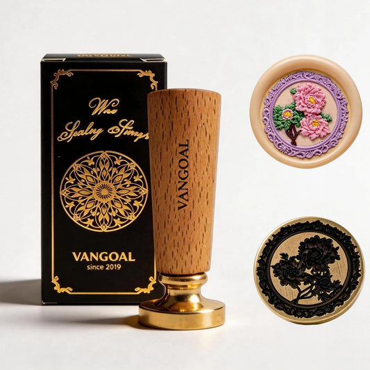 VANGOAL Wax Seal Stamp, Floral Series, 3D Embossed Brass Stamp Head with Wooden Handle, Vintage Sealing Kit for Wedding Invitations, Envelopes, Gift Wrapping, Letters and Crafts (Peony with Frame)